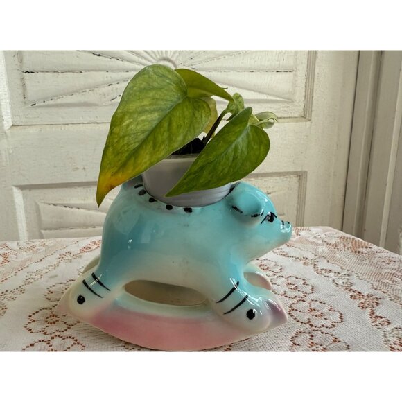 Vintage 50's Rocking Horse Pig Planter Blue Pink - Picture 1 of 11